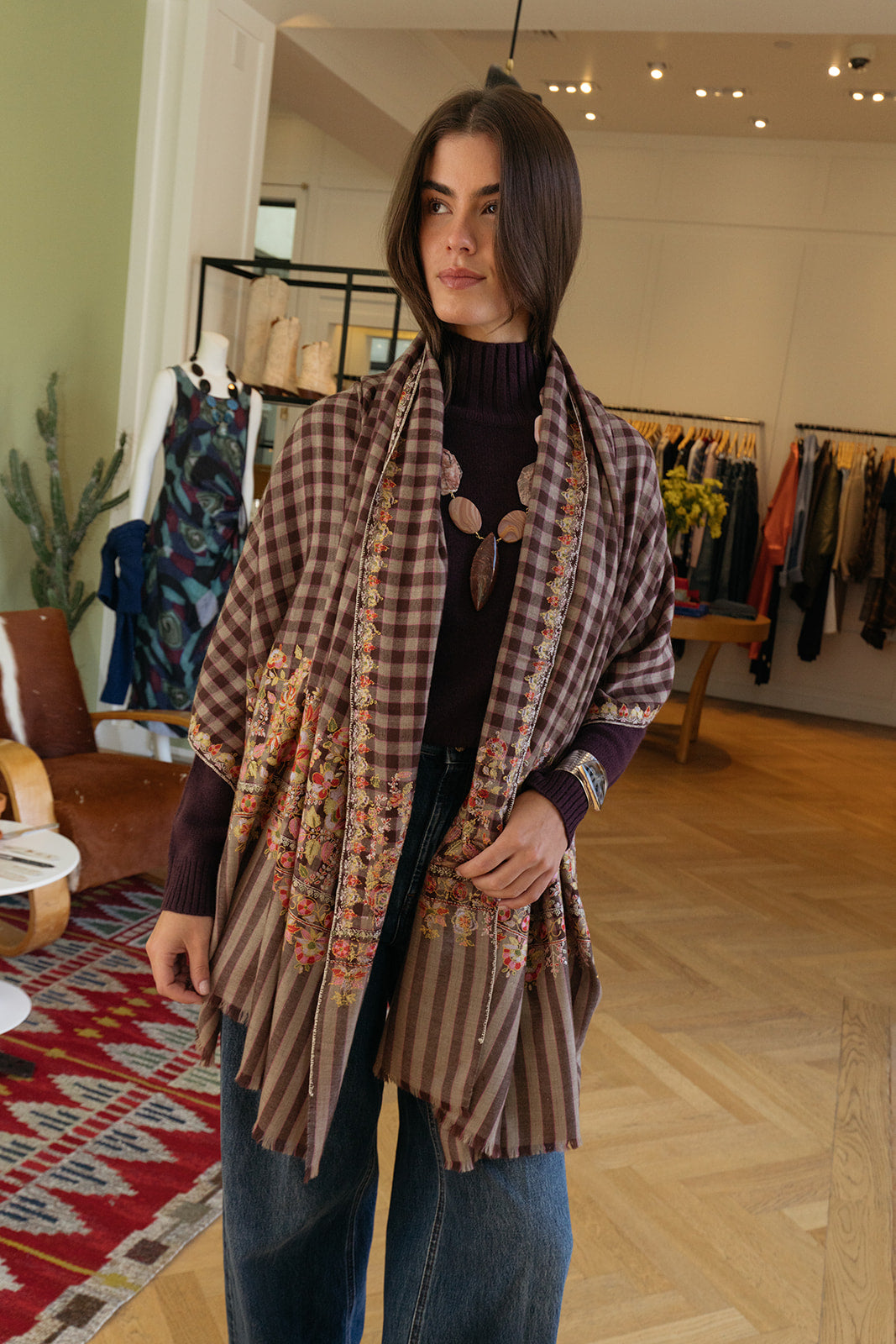 YASER | CHECK INTRICATE BORDER SHAWL | WOMEN'S LUXURY DESIGNER CLOTHING, SHOES, HANDBAGS & JEWELRY | CAPITOL CHARLOTTE, NC & BRENTWOOD, CA