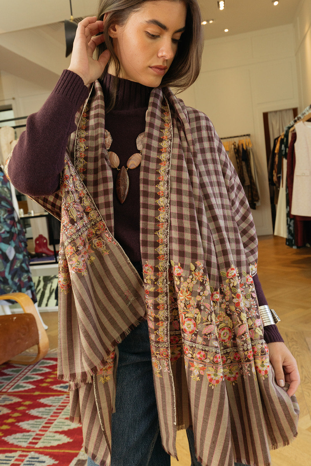 YASER | CHECK INTRICATE BORDER SHAWL | WOMEN'S LUXURY DESIGNER CLOTHING, SHOES, HANDBAGS & JEWELRY | CAPITOL CHARLOTTE, NC & BRENTWOOD, CA