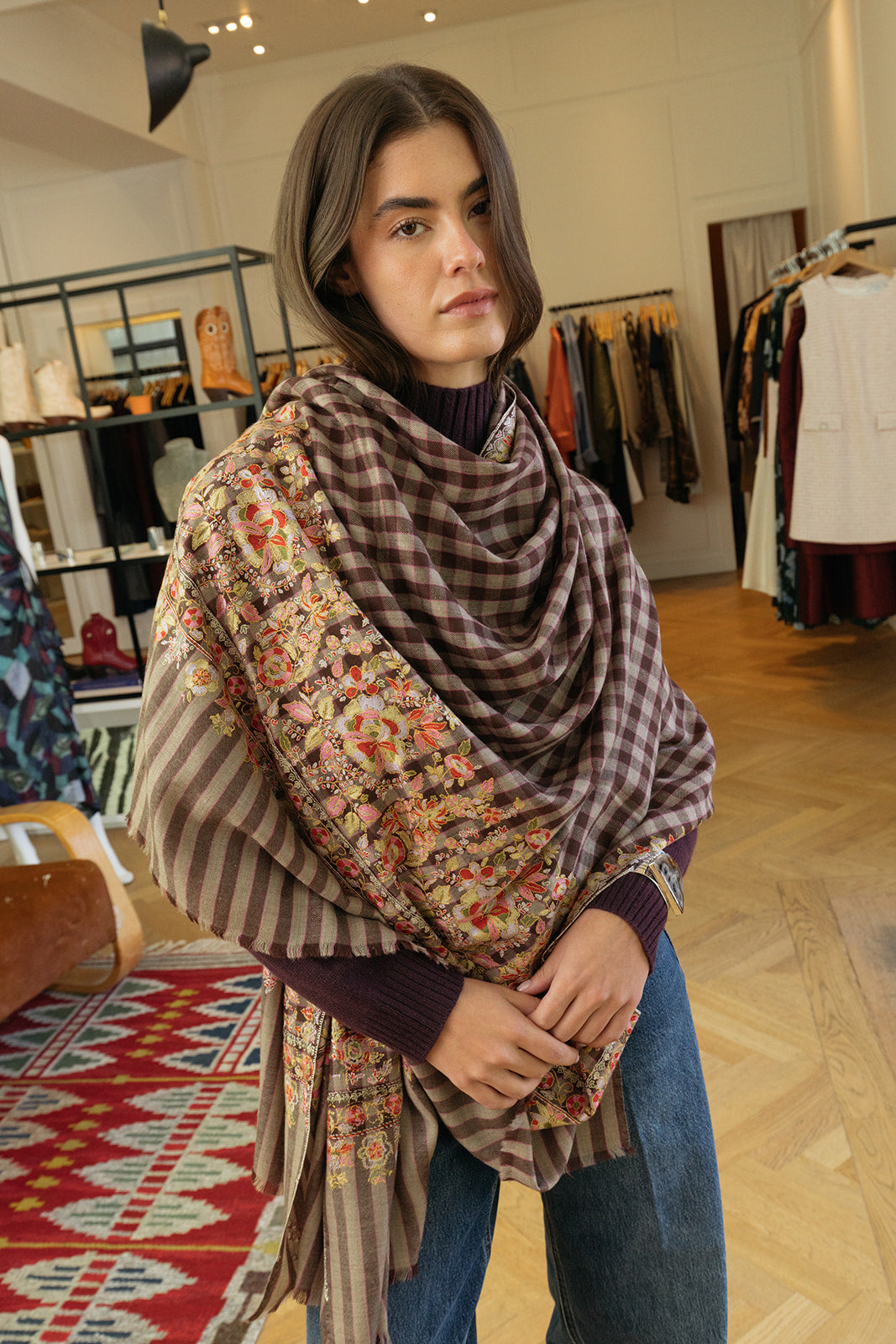 YASER | CHECK INTRICATE BORDER SHAWL | WOMEN'S LUXURY DESIGNER CLOTHING, SHOES, HANDBAGS & JEWELRY | CAPITOL CHARLOTTE, NC & BRENTWOOD, CA