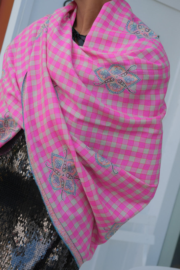 YASER SHAW | PINK PLAID MOTIF SHAWL | WOMEN'S LUXURY DESIGNER CLOTHING, SHOES, HANDBAGS & JEWELRY | CAPITOL CHARLOTTE, NC & BRENTWOOD, CA
