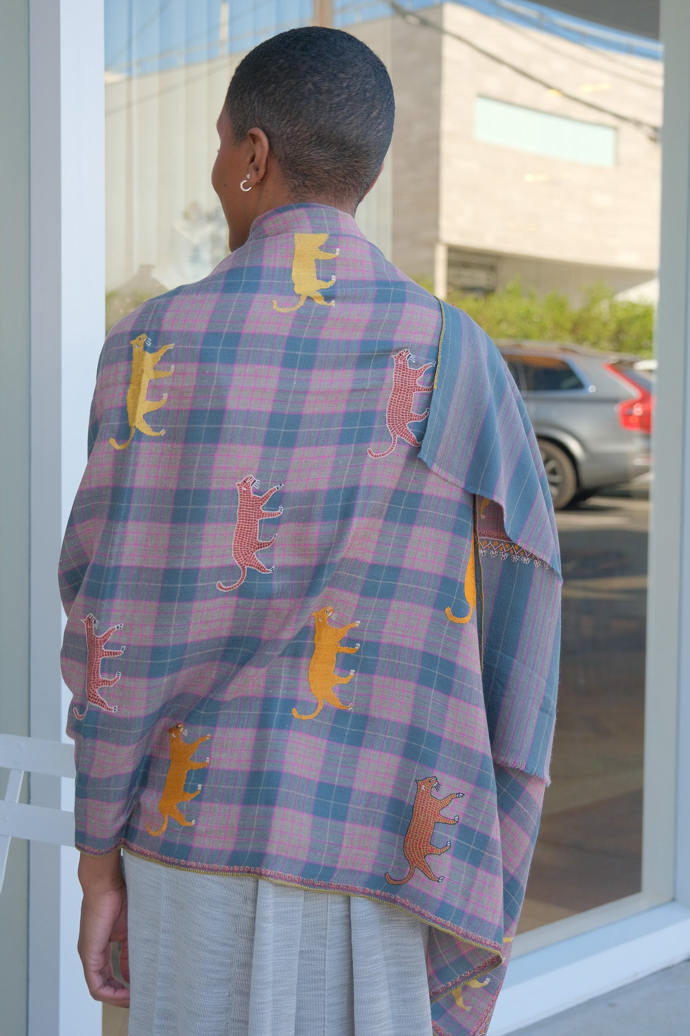 YASER SHAW | PINK PLAID SAFARI SHAWL | WOMEN'S LUXURY DESIGNER CLOTHING, SHOES, HANDBAGS & JEWELRY | CAPITOL CHARLOTTE, NC & BRENTWOOD, CA