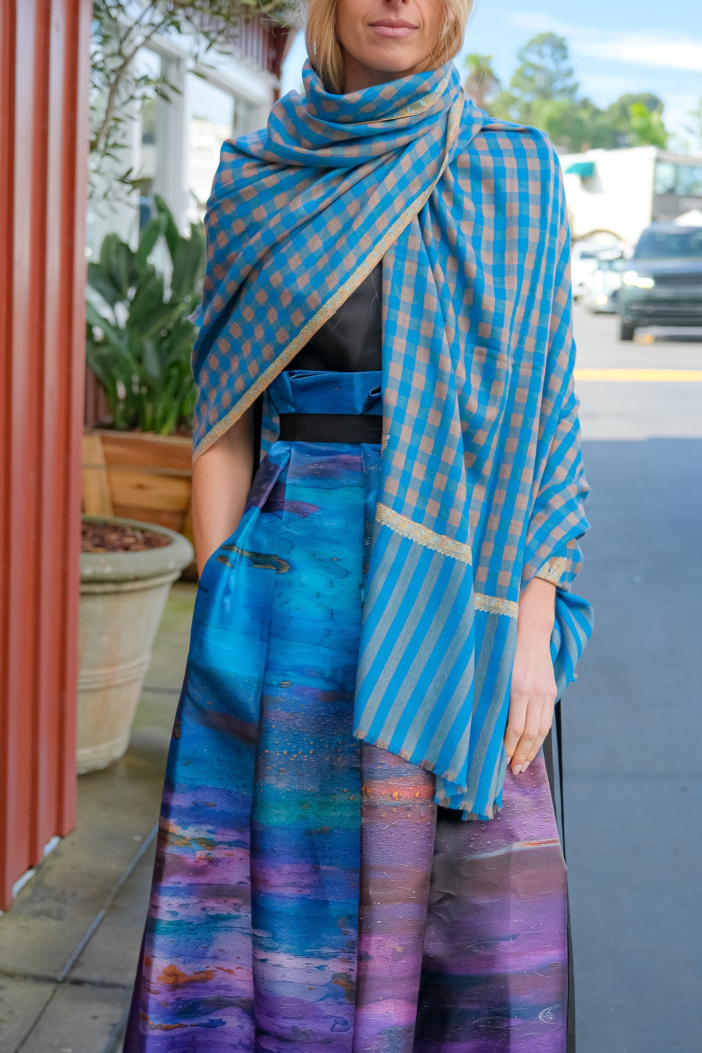 Teal and yellow check Yaser Shaw Shawl with slim edge embroidery available in Brentwood, CA.
