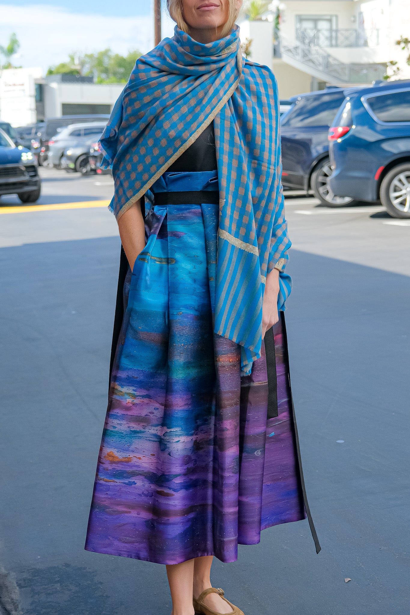 Teal and yellow check Yaser Shaw Shawl with slim edge embroidery available in Brentwood, CA.