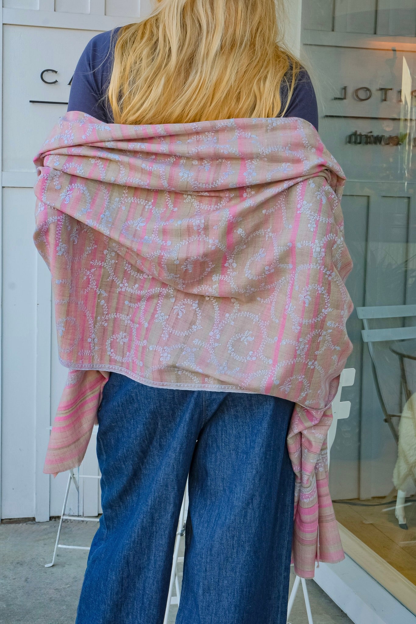 YASER SHAW | PINK STRIPE ALL OVER EMBROIDERED SHAWL | WOMEN'S LUXURY DESIGNER CLOTHING, SHOES, HANDBAGS & JEWELRY | CAPITOL CHARLOTTE, NC & BRENTWOOD, CA