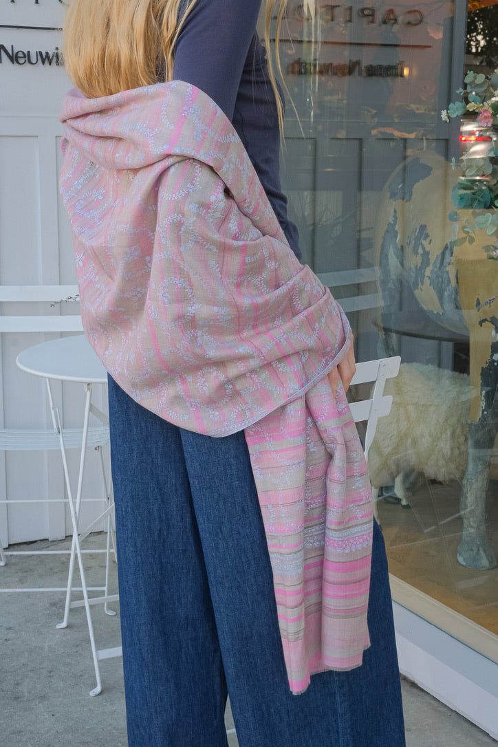 YASER SHAW | PINK STRIPE ALL OVER EMBROIDERED SHAWL | WOMEN'S LUXURY DESIGNER CLOTHING, SHOES, HANDBAGS & JEWELRY | CAPITOL CHARLOTTE, NC & BRENTWOOD, CA