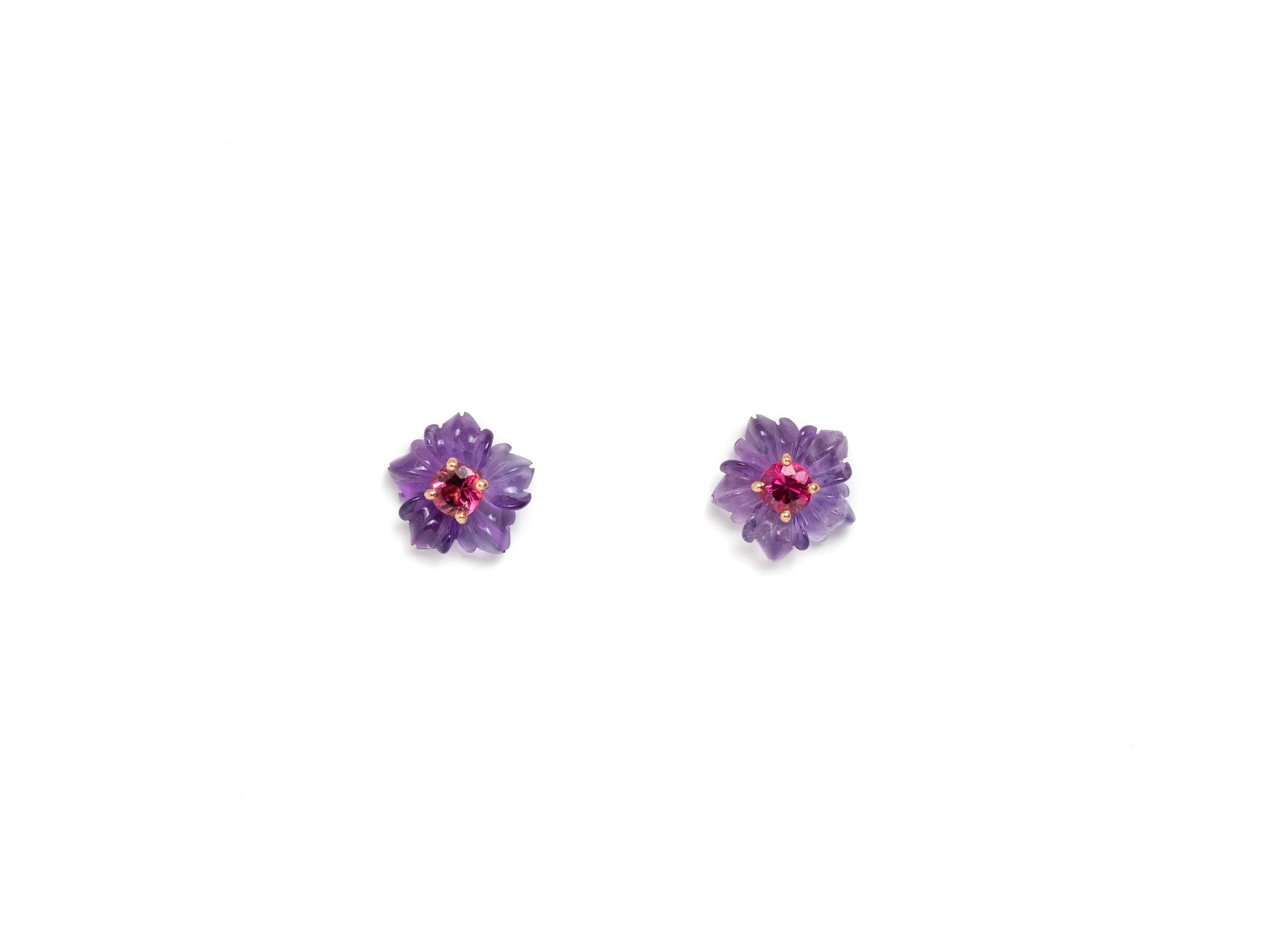 AMETHYST CARVED FLOWER WITH PINK TOURMALINE CENTER EARRINGS