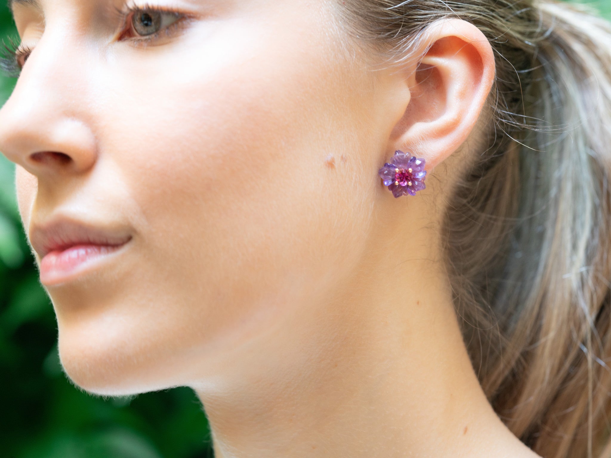 AMETHYST CARVED FLOWER WITH PINK TOURMALINE CENTER EARRINGS