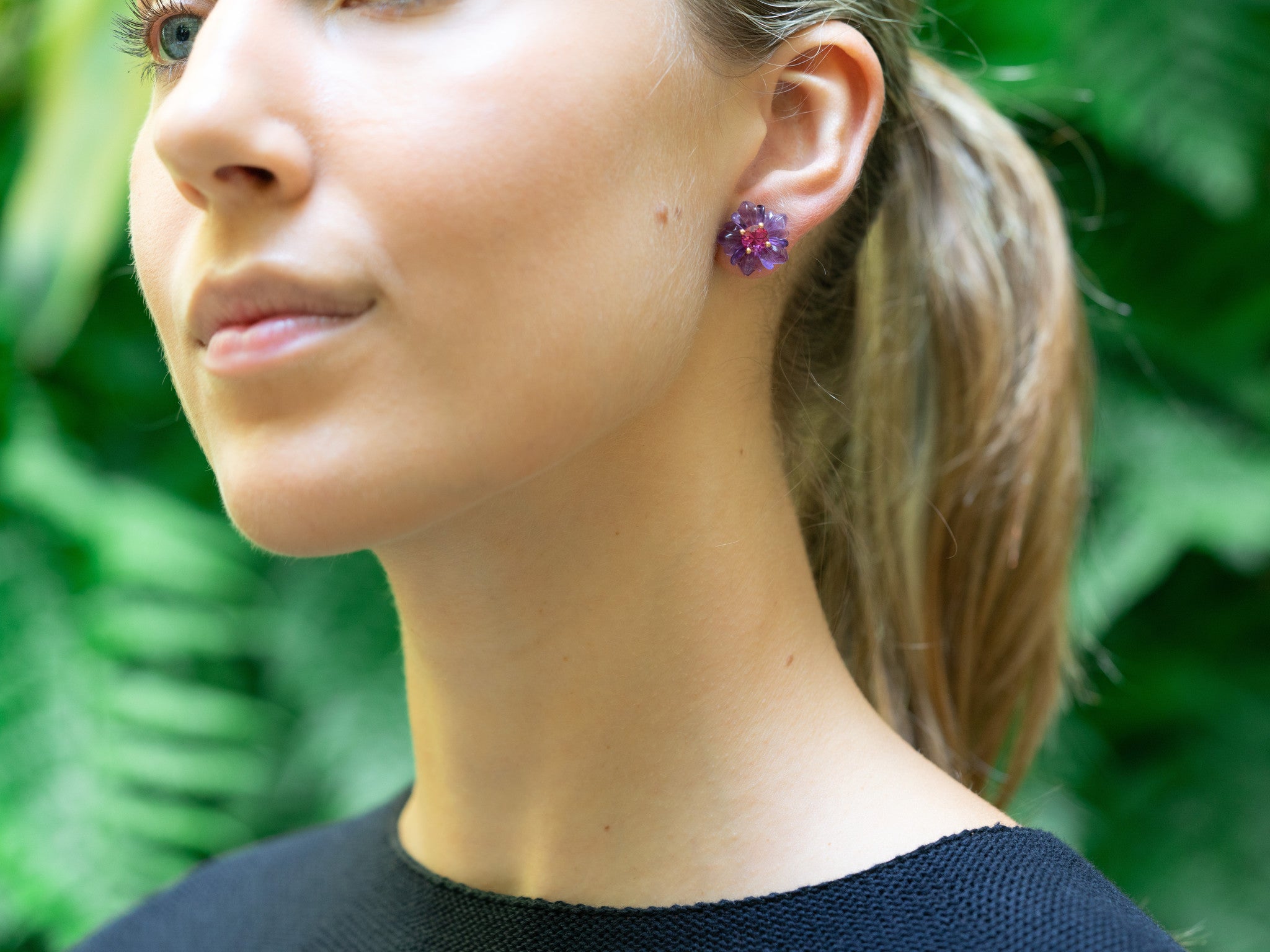 AMETHYST CARVED FLOWER WITH PINK TOURMALINE CENTER EARRINGS