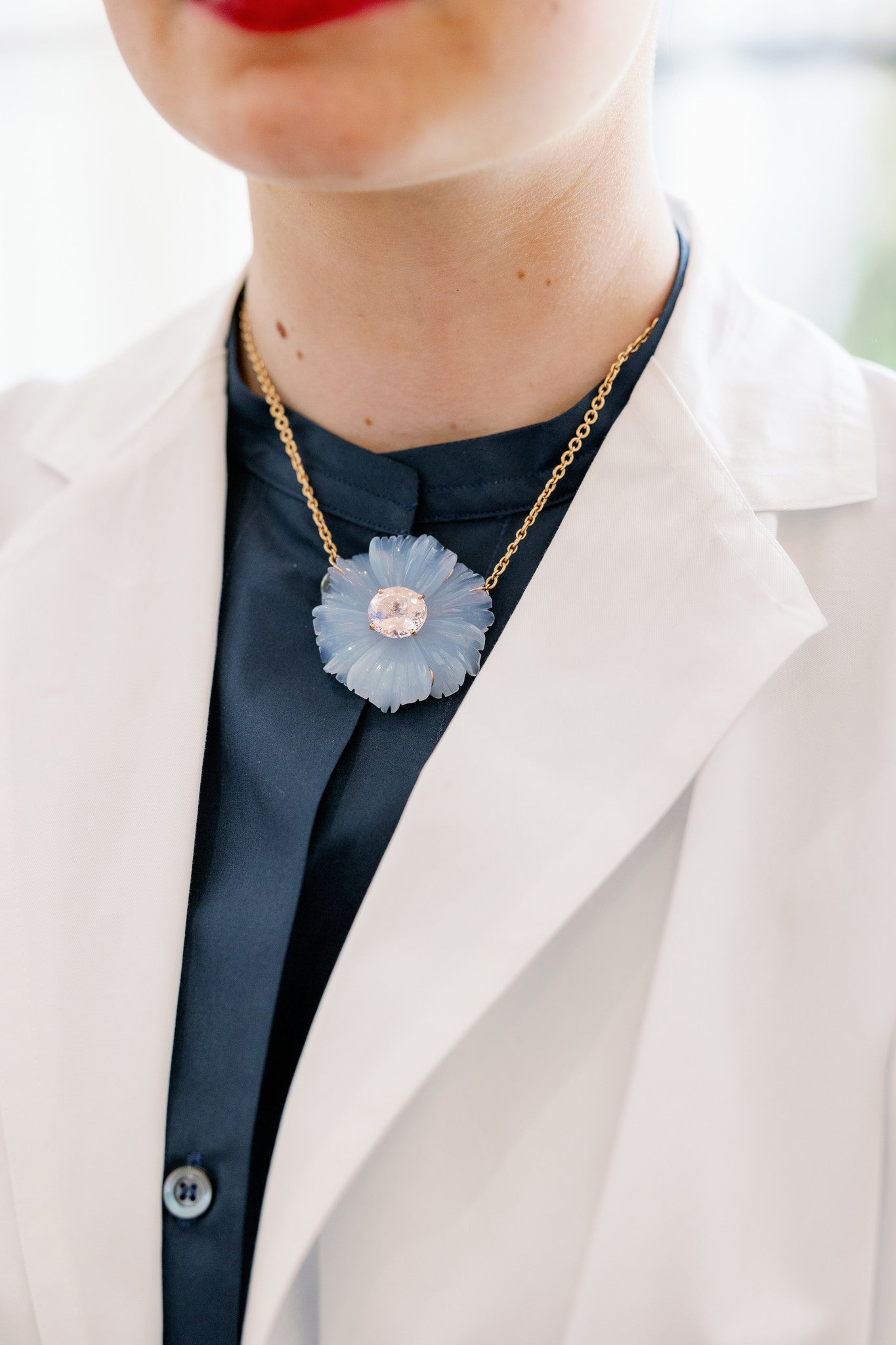 CARVED CHALCEDONY & MORGANITE TROPICAL FLOWER NECKLACE