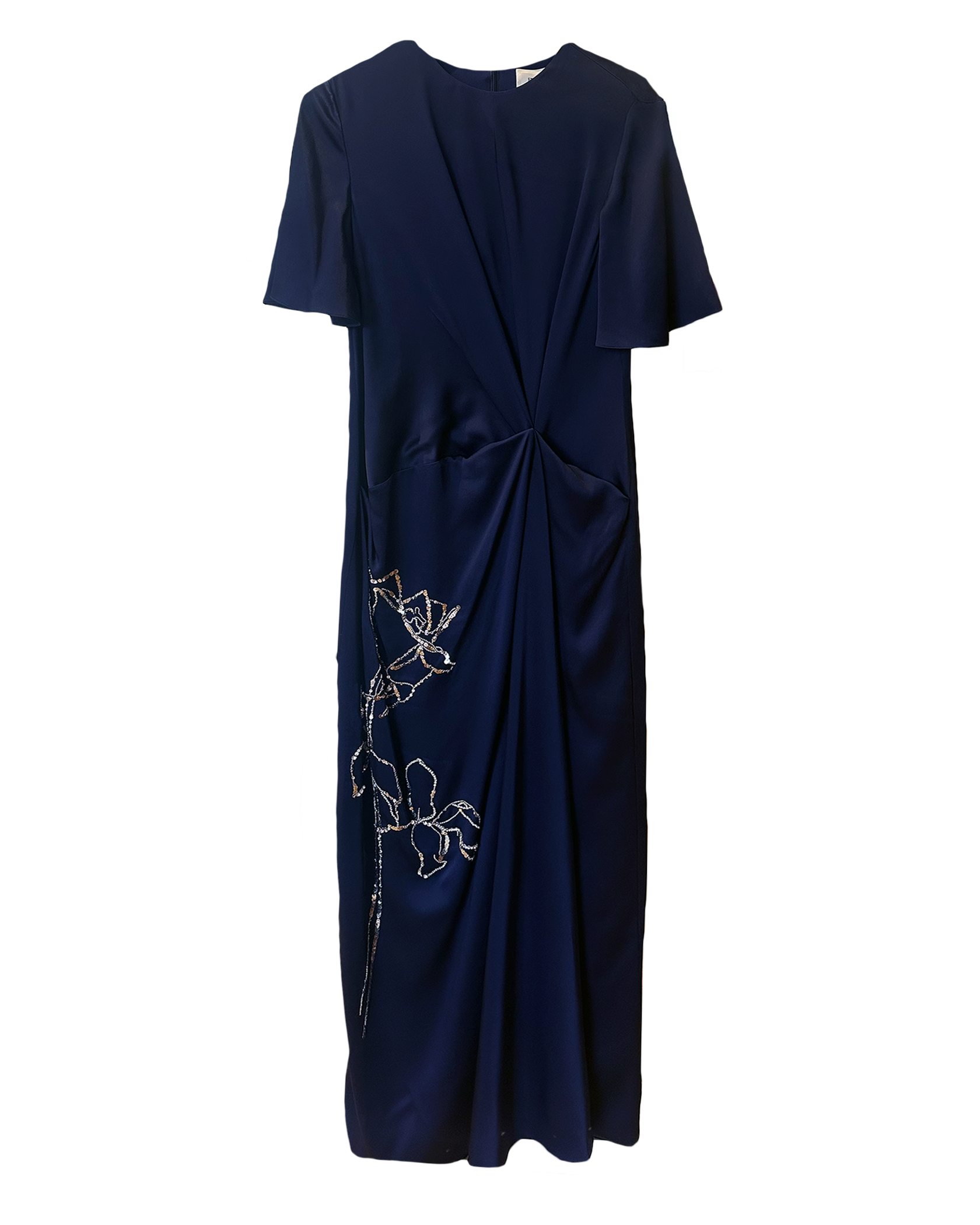 ERDEM | SHORT SLEEVE DRAPED GOWN WITH FLORAL BEADING