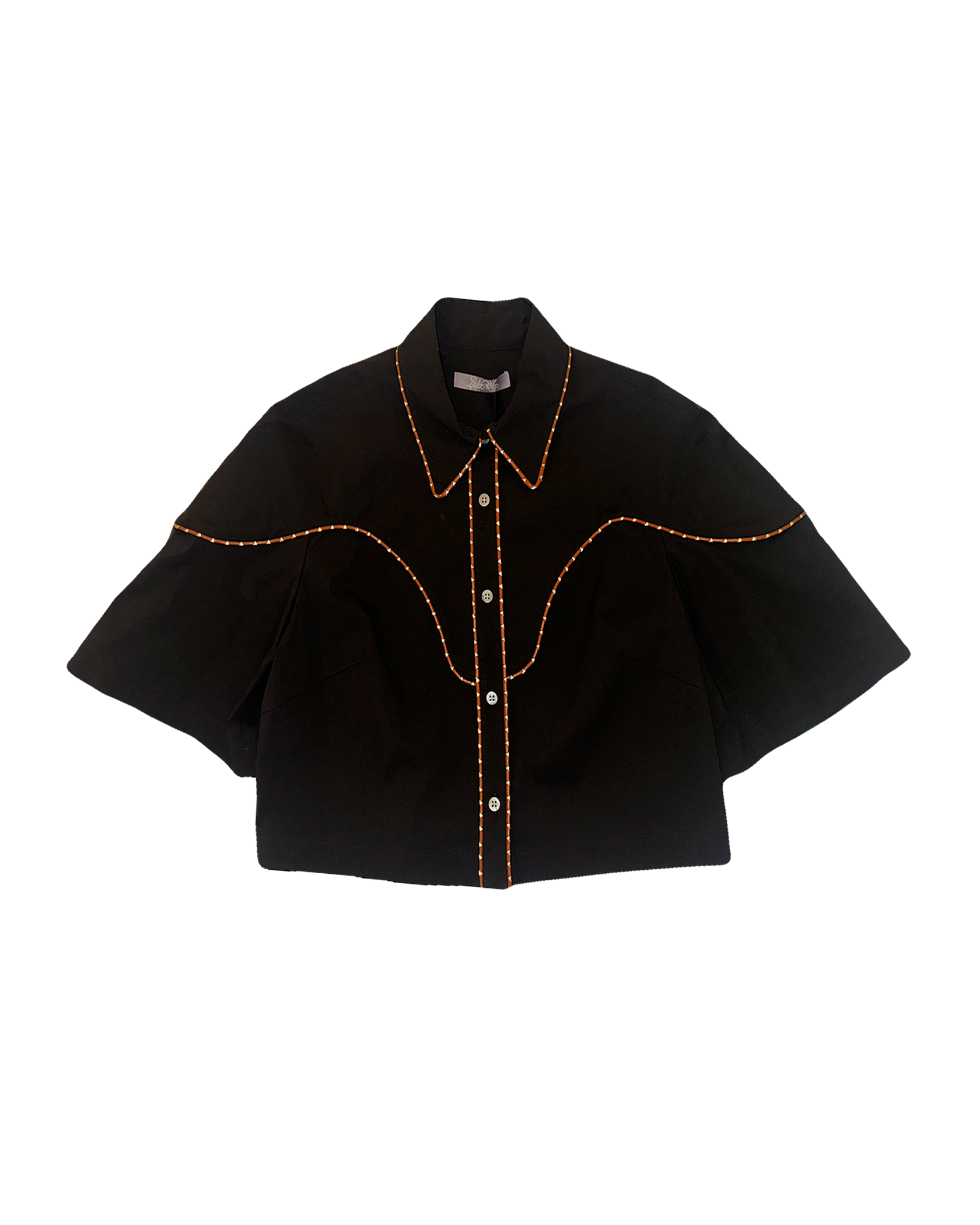 LELA ROSE | SHORT SLEEVE LEATHER TRIM CROPPED SHIRT