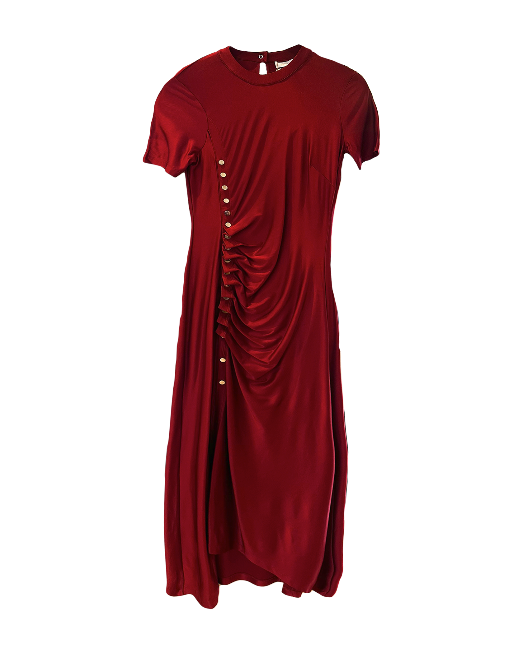 RABANNE | SHORT SLEEVE SHINY RUCHED MIDI DRESS WITH SIDE BUTTONS