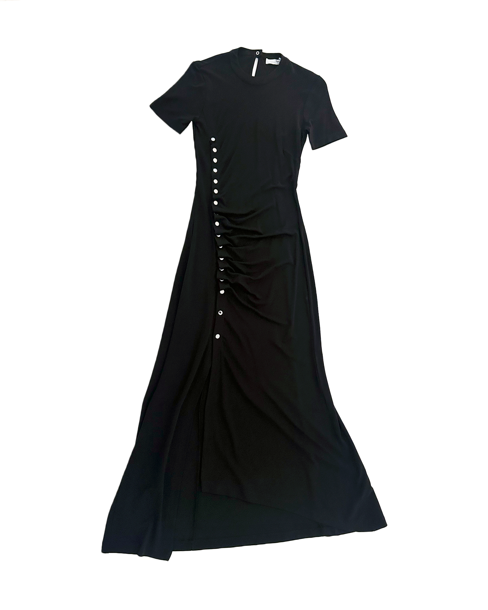 RABANNE | ASYMMETRICAL RUCHED MIDI DRESS WITH SIDE BUTTONS