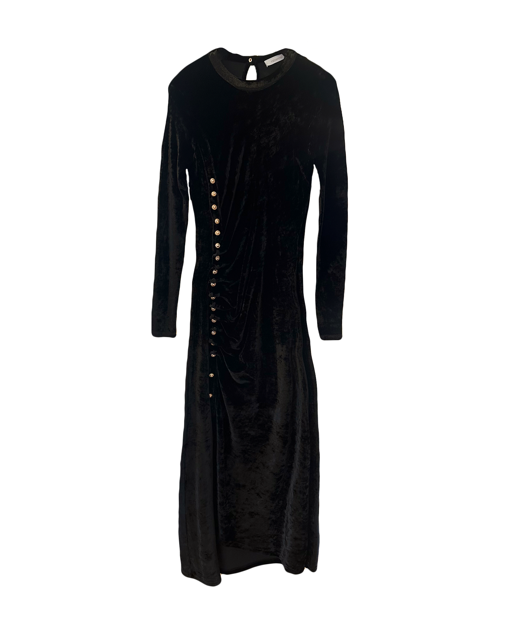 RABANNE | LONG SLEEVE VELVET ASYMMETRICAL MIDI DRESS