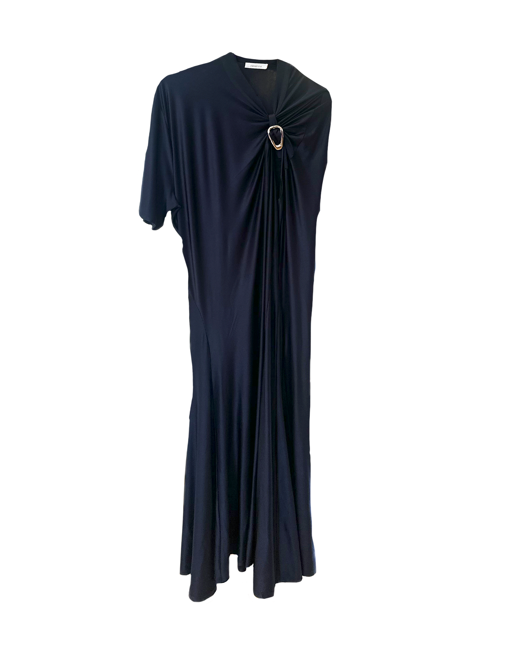 RABANNE | SHORT SLEEVE HIGH NECK DRAPED GOWN