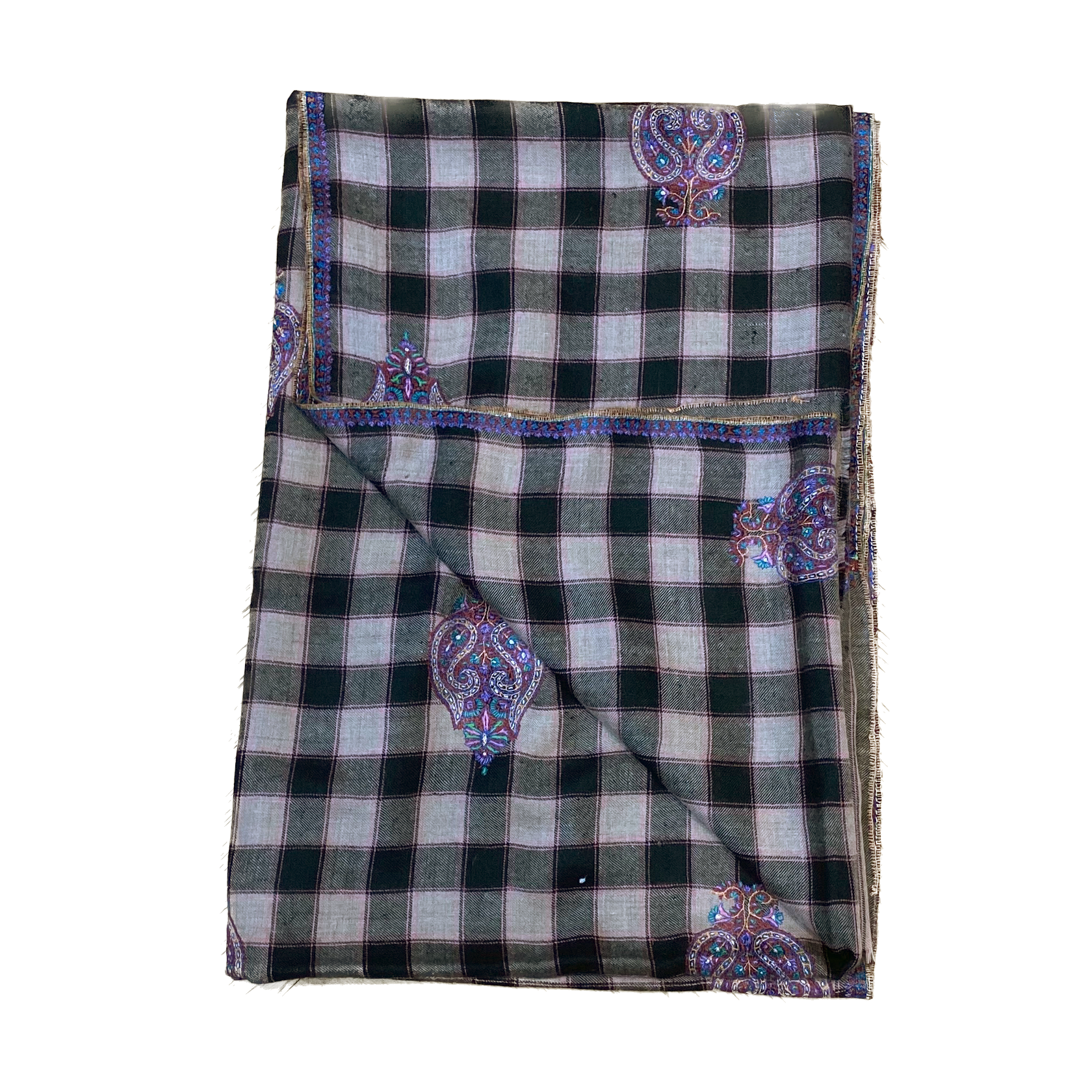 PLAID MOTIF EMBROIDERED SHAWL