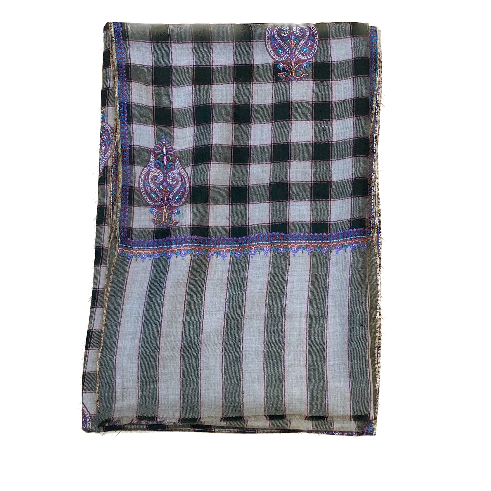 PLAID MOTIF EMBROIDERED SHAWL