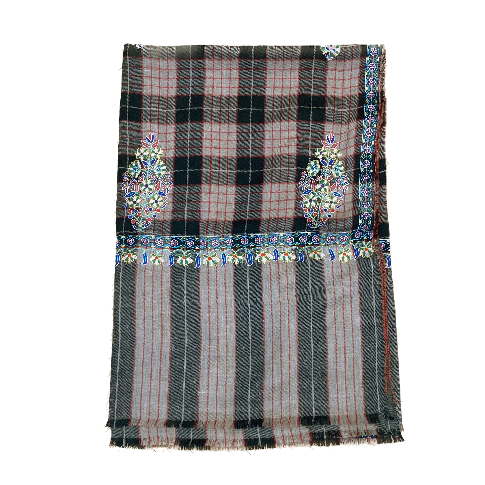 PLAID MOTIF EMBROIDERED SHAWL