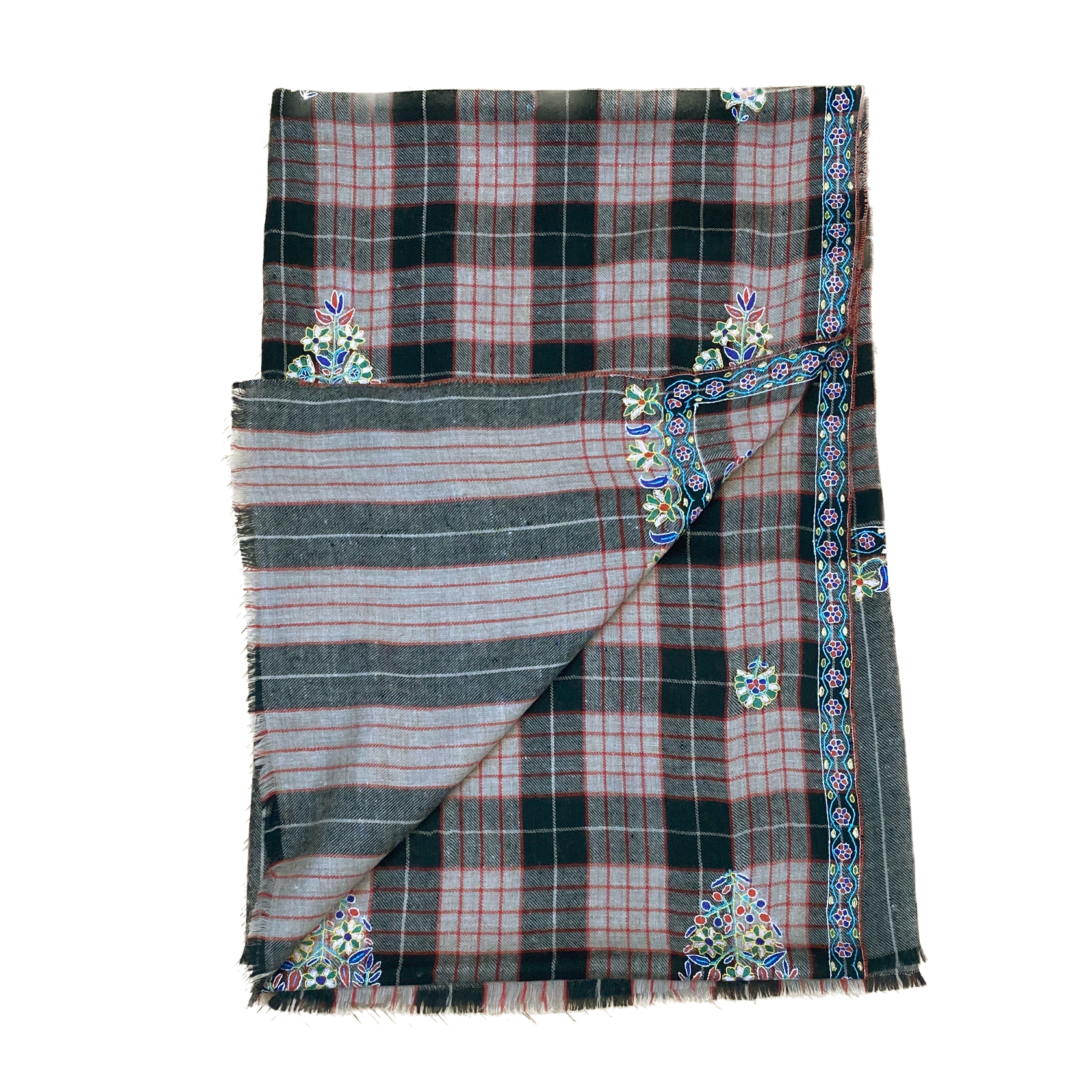 PLAID MOTIF EMBROIDERED SHAWL