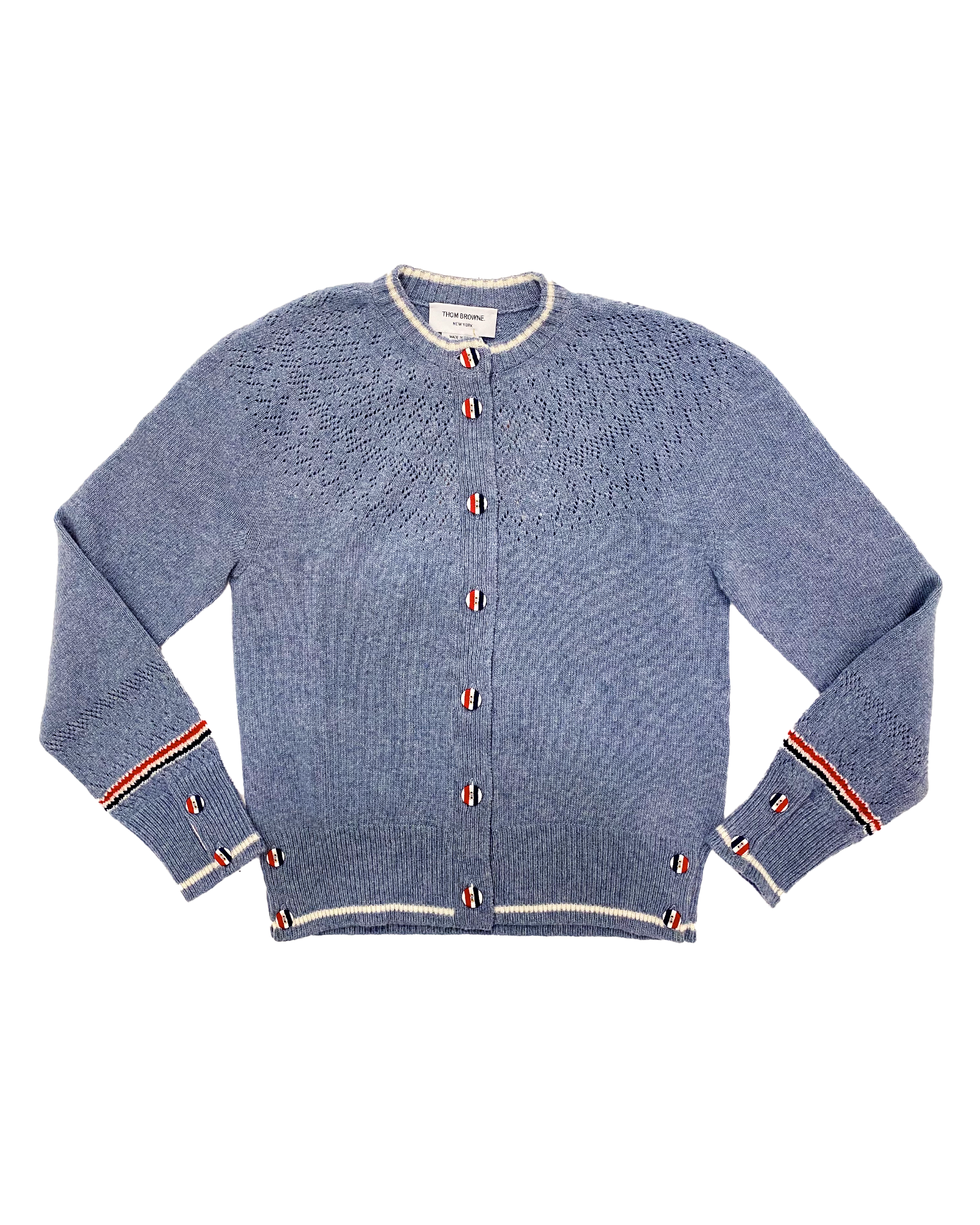 THOM BROWNE | BLUE POINTELLE MERINO WOOL CARDIGAN