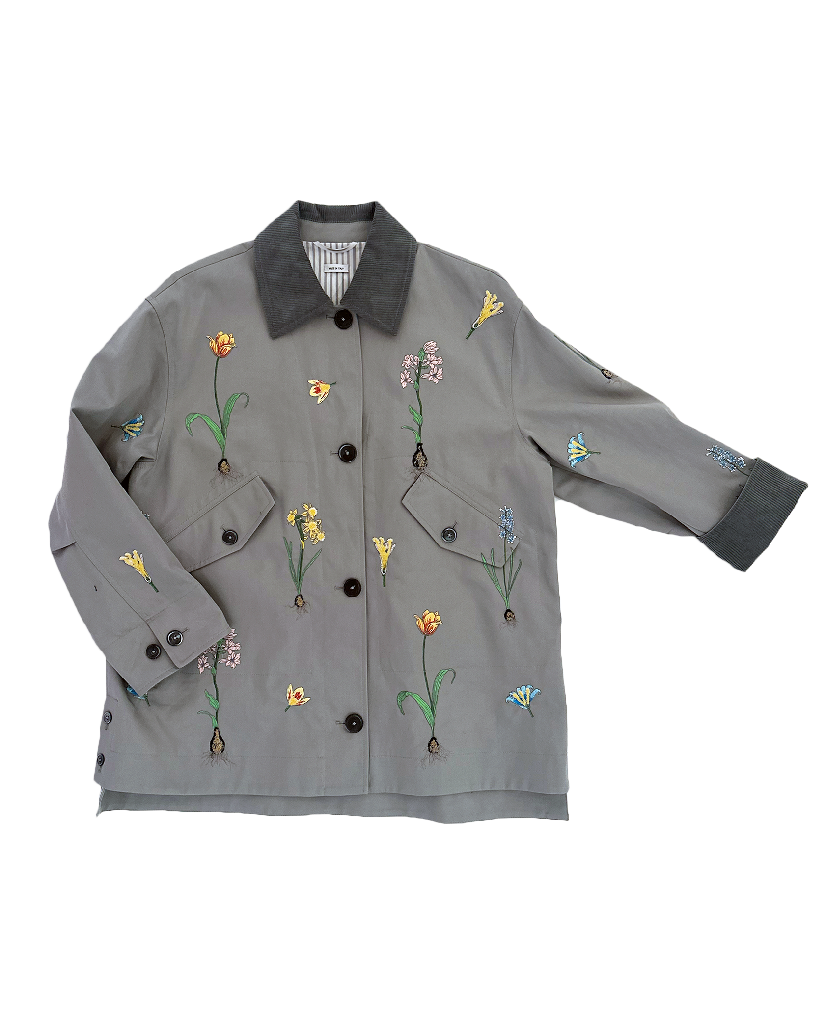 THOM BROWNE | LONG SLEEVE GARDENING COAT WITH SATIN FLOWERS